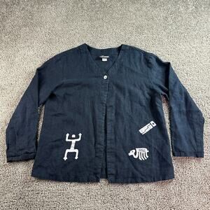 VTG Positive Influence Linen Jacket Blouse Womens 16 Black Southwestern Tribal